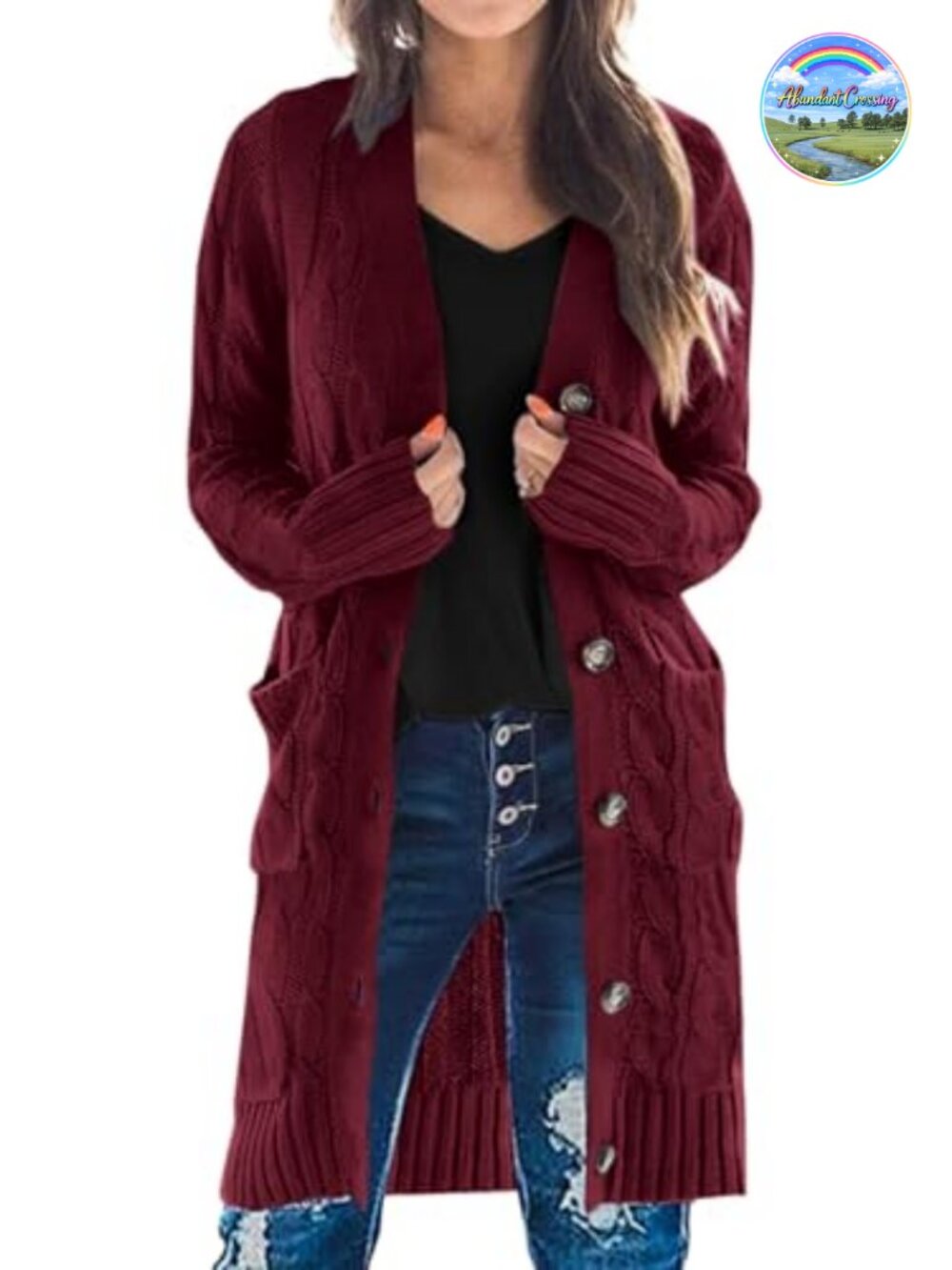 Cable Knit Long Cardigan Button Down Sweater with Pockets